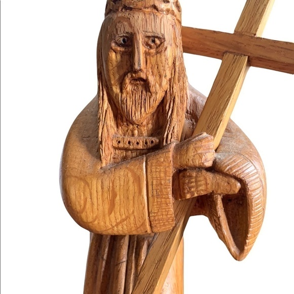 Wooden Handmade Jesus Carrying Cross w/Wooden Virgin Mary Set - Picture 3 of 11